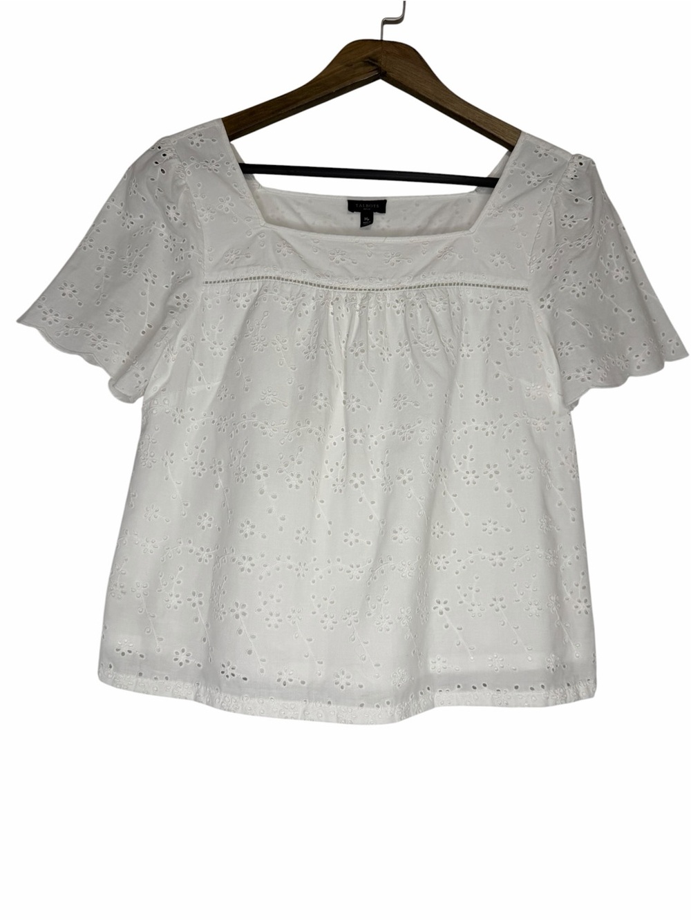 Talbots Eyelet Square Neck Top size MP White Scalloped Sleeve 100% Cotton